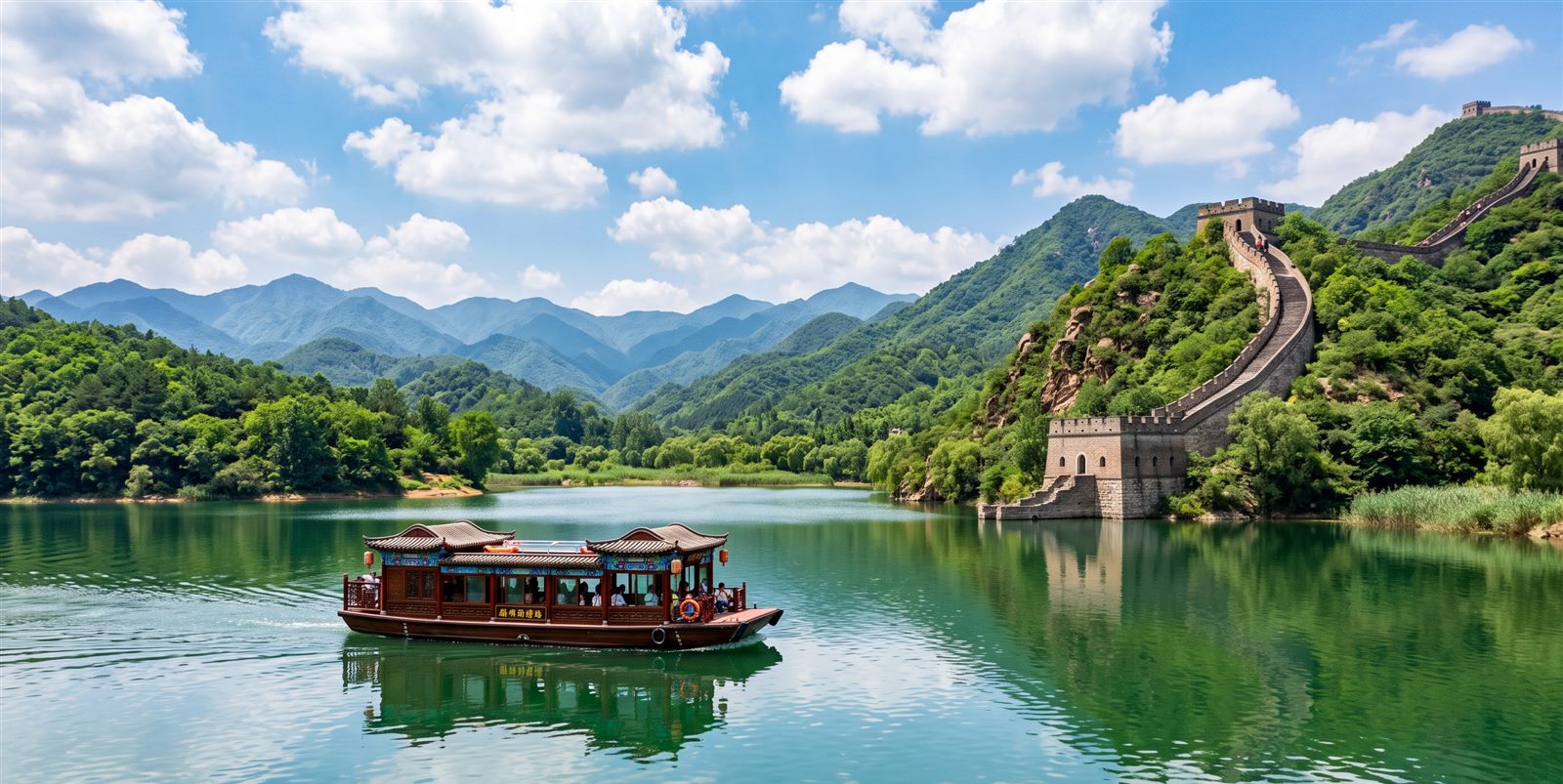 灏明湖上的画舫游船：碧水倒映长城与青山，江南风韵